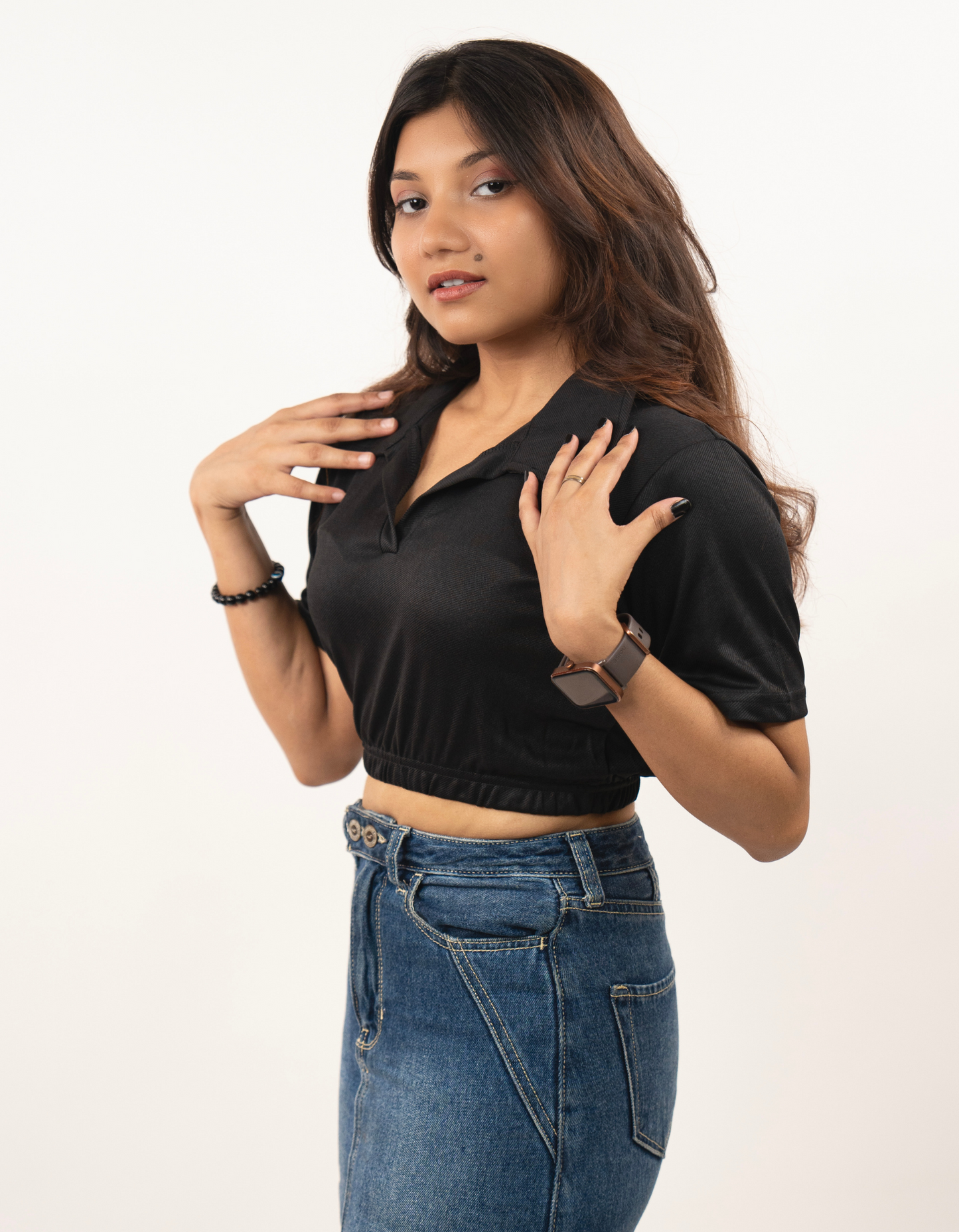 Bae N Bruh - Black Collared Crop Top left view