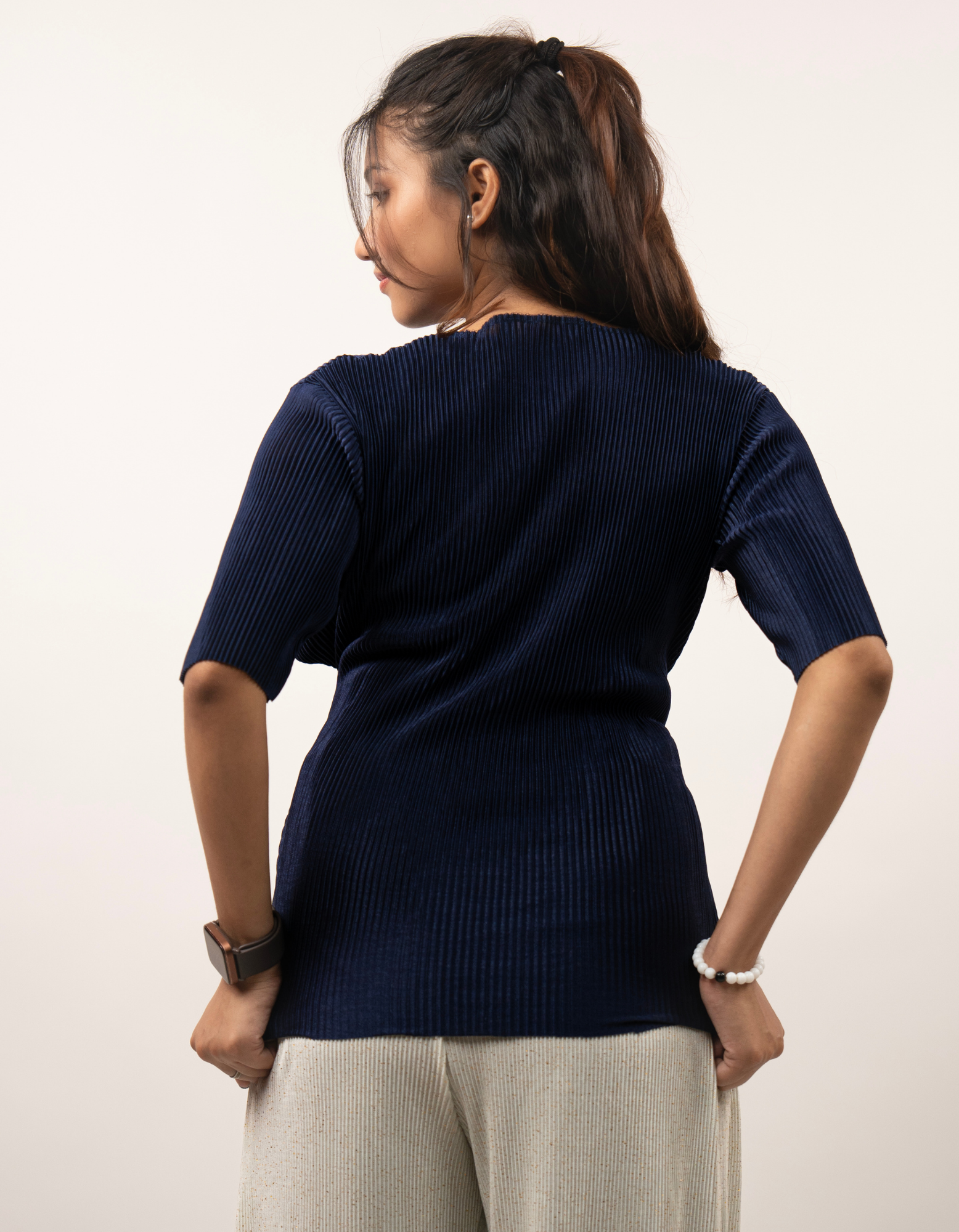 Bae N Bruh - Easy Breezy Navy Blue Wrinkle-Belt Top back view