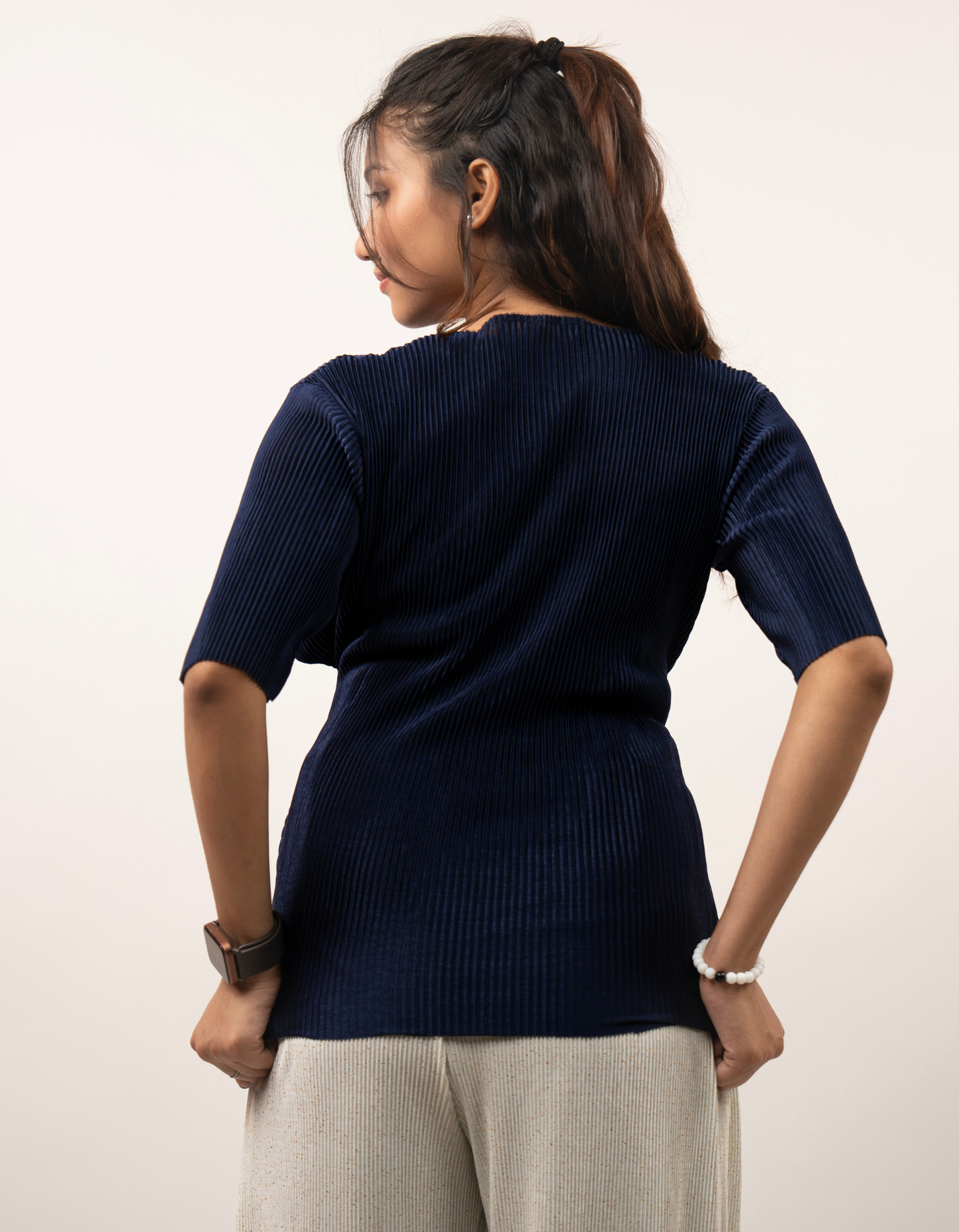 Bae N Bruh - Navy Blue Belted Top & Shimmer Trouser Co-Ord Set top back view