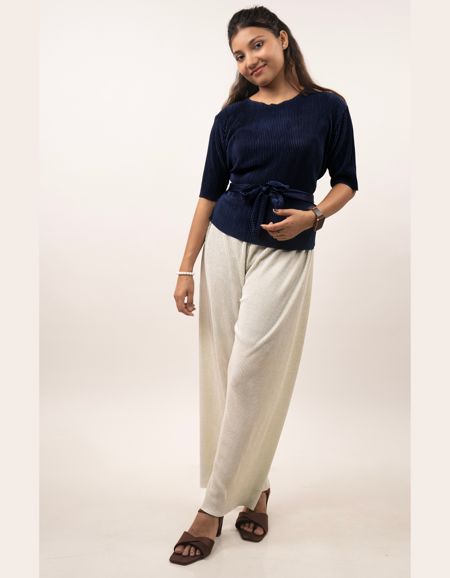 Bae N Bruh - Navy Blue Belted Top & Shimmer Trouser Co-Ord Set