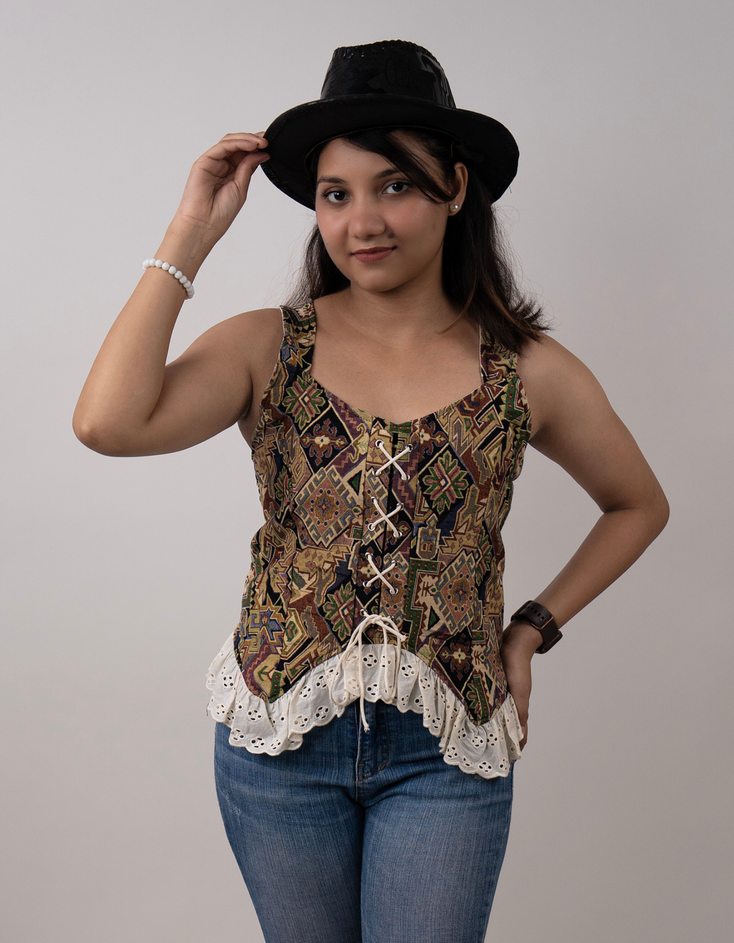 Bae N Bruh - Bohemian Block Print Cowgirl Top