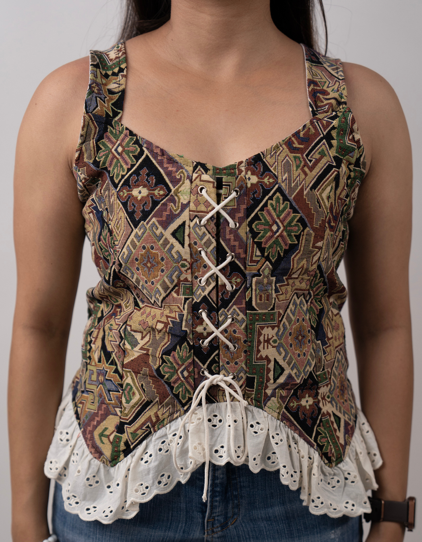 Bae N Bruh - Bohemian Block Print Cowgirl Top fabric view