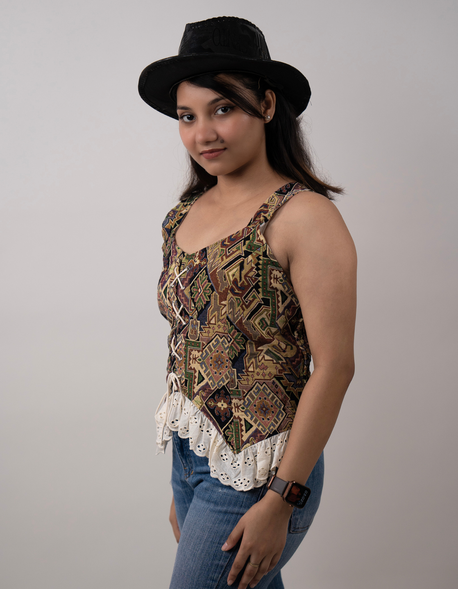 Bae N Bruh - Bohemian Block Print Cowgirl Top left view