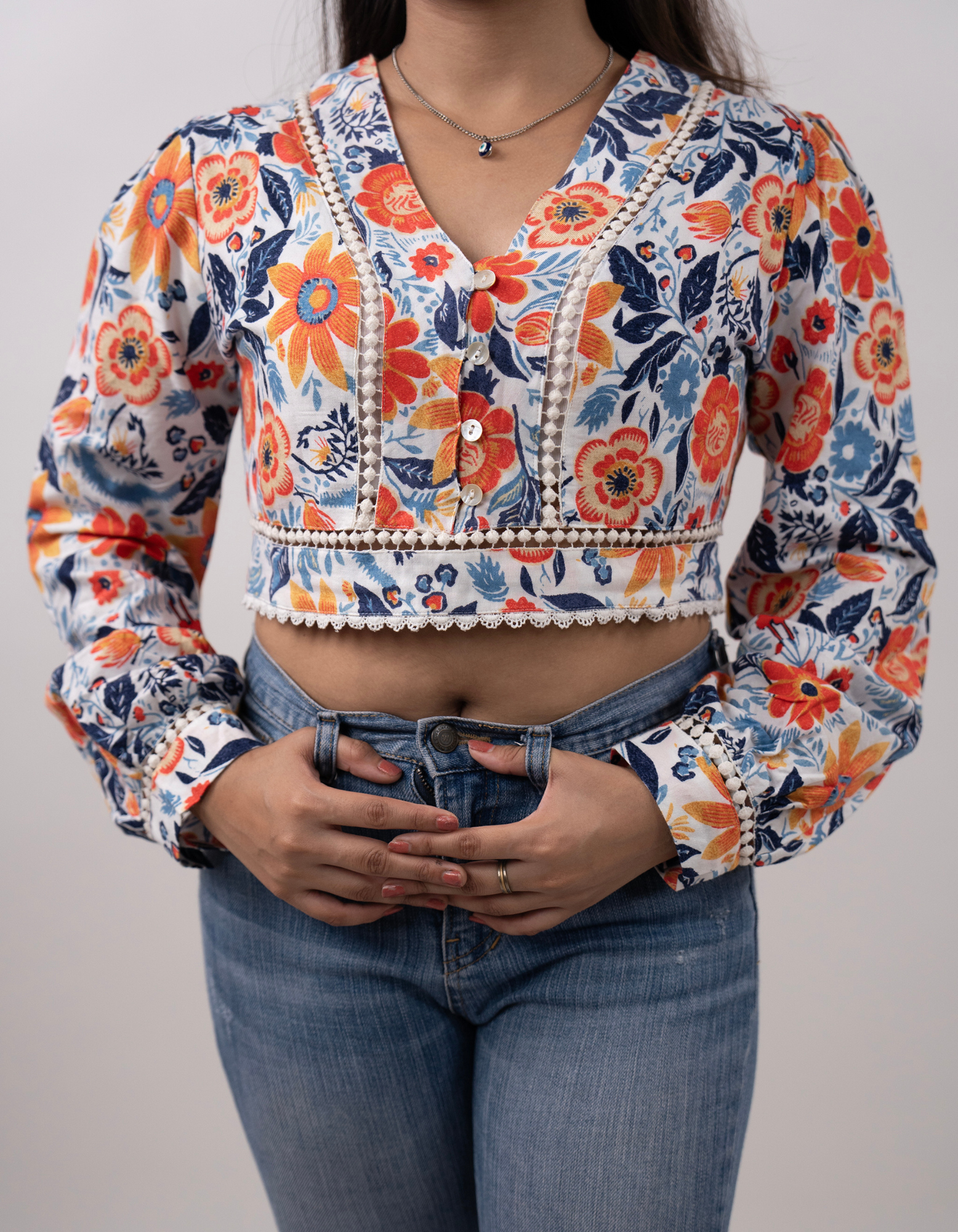 Bae N Bruh - Lace-Kissed Floral Fantasy Crop Top front design view