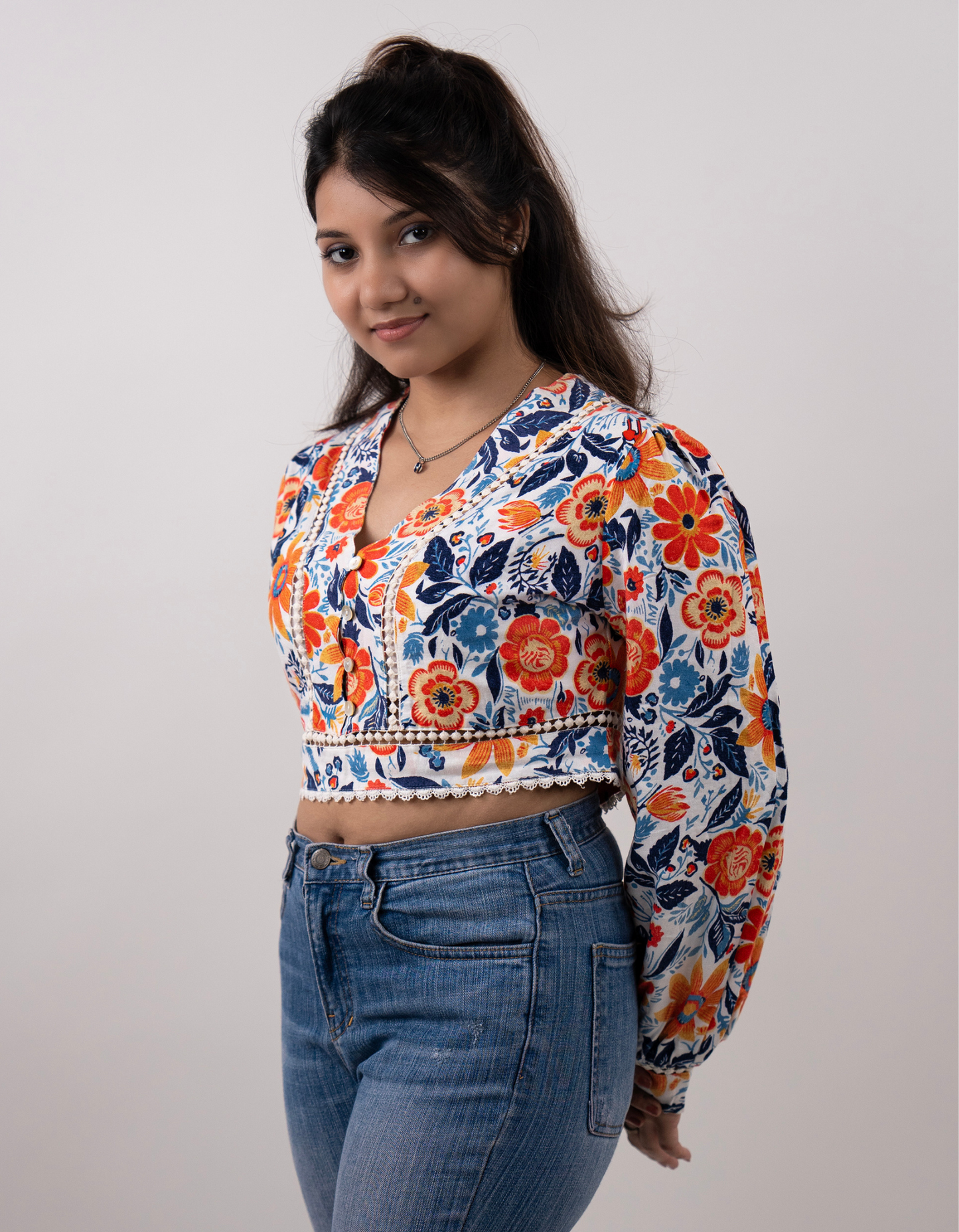 Bae N Bruh - Lace-Kissed Floral Fantasy Crop Top left view