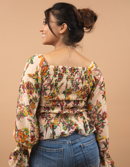 Bae N Bruh - Floral Printed Smocked Puff Top back view