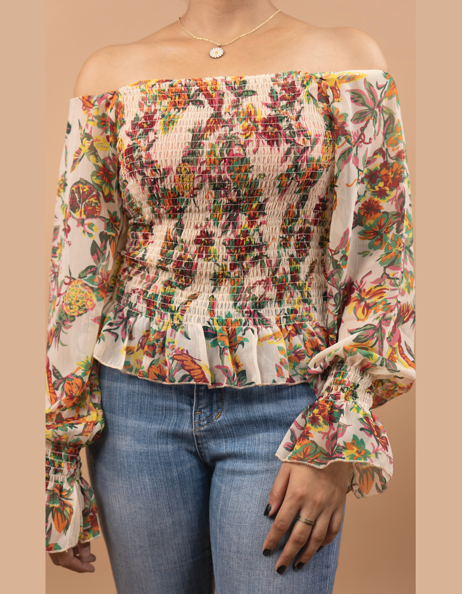 Bae N Bruh - Floral Printed Smocked Puff Top Off Shoulder