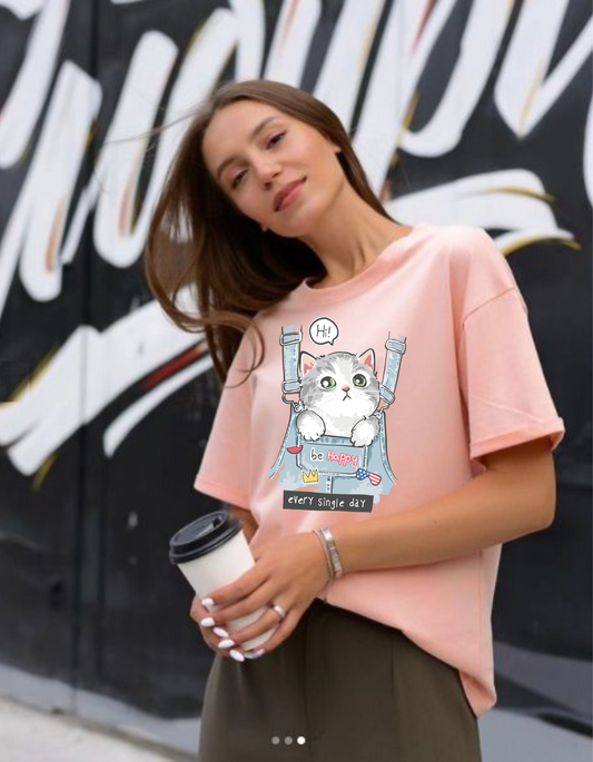 Cute Cat Printed Oversized T-shirt